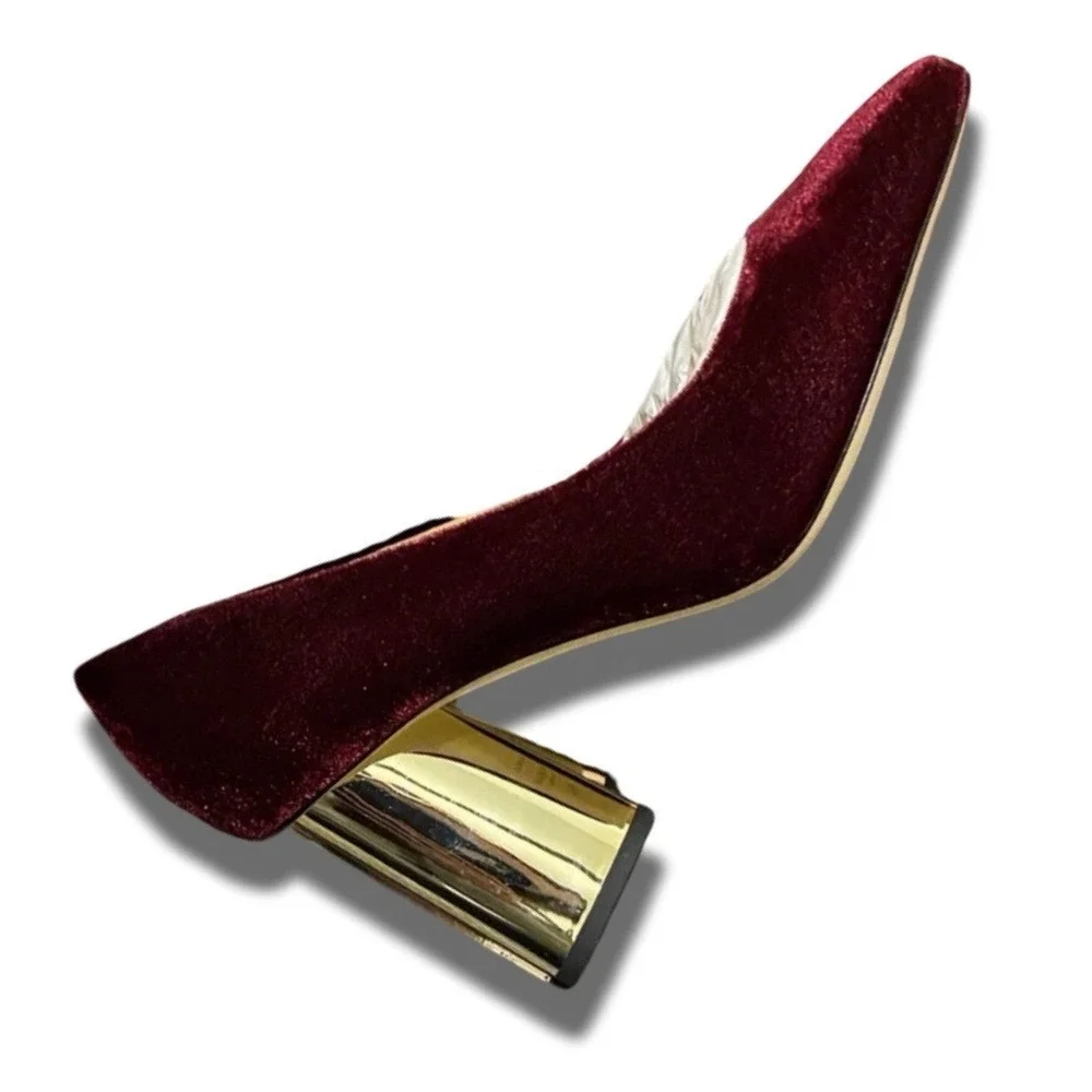 Kate Spade Sybil Pump Cherrywood Burgundy Velvet Gold Rhinestone Block Heel 8.5M